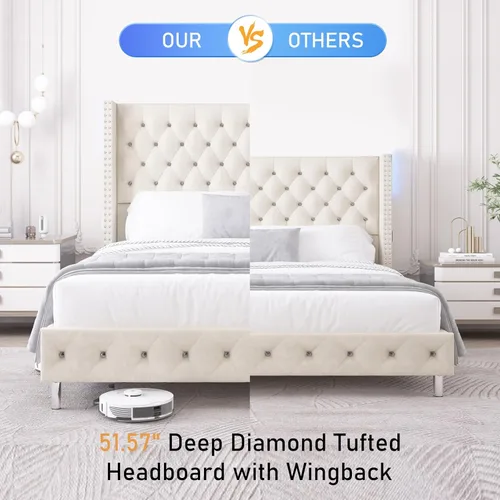 Miniatura 6 de Hlivelood - Marco de cama Queen LED tapizado con cabecera de respaldo, marco de cama tapizado con botones de diamante de terciopelo con puertos USB