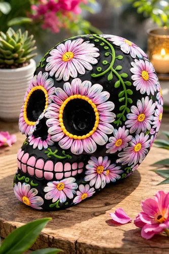 Miniatura 4 de Banco de monedas con diseño floral de calavera de azúcar negra y rosa de 5 pulgadas