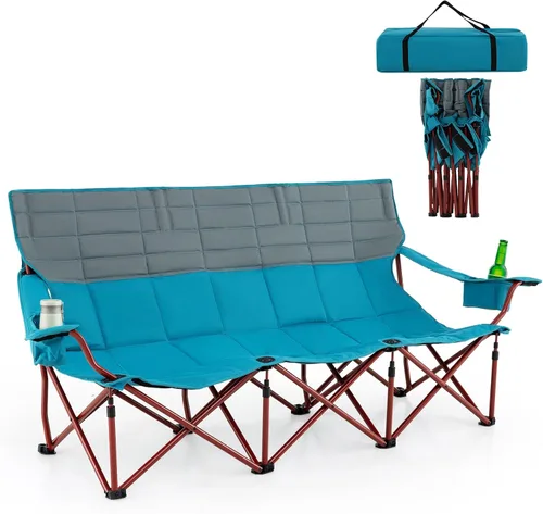 Miniatura 10 de Goplus Silla de campamento para 3 personas para adultos, silla plegable de gran tamaño para exteriores baja con portavasos y acolchado grueso, silla