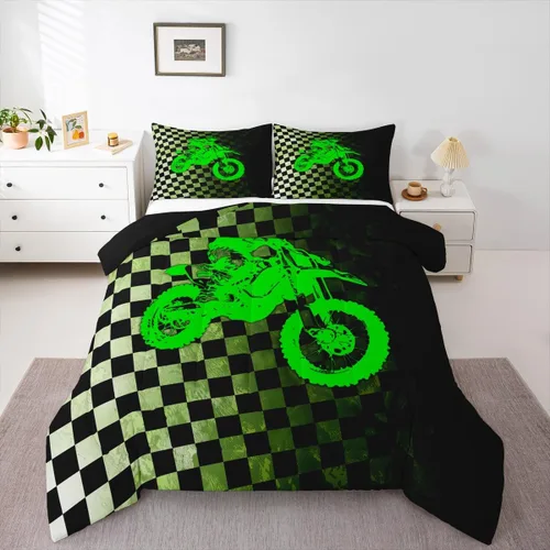 Juego de edredón de motocross para niños, tamaño individual, juego de ropa de cama de motociclista de motocross, edredón a cuadros de búfalo blanco