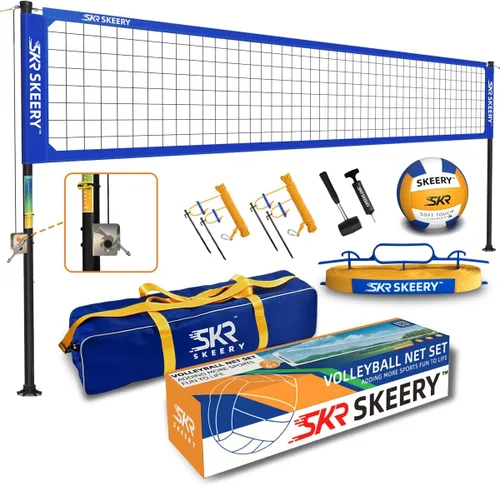 SKEERY Juego de red de voleibol resistente al aire libre, diseño anti-hundimiento, postes de aluminio ajustables, red de voleibol portátil para