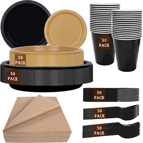 Miniatura 9 de MirthMood - 350 platos desechables negros, platos negros, suministros de plástico para fiestas, incluye 50 platos llanos, 50 platos de ensalada, 50