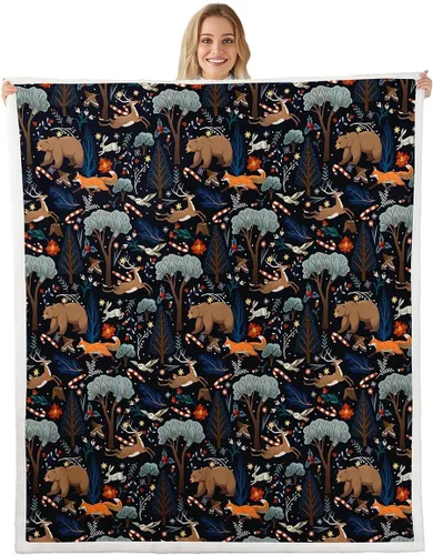 Deer Bear Fox Throw Blanket for Kids,Merry Christmas Snowflake Fleece Throw Blanket for Bedroom Sofa Dorm Decor,Vintage Floral Wild Animal
