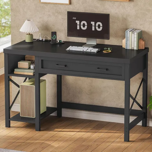 SEDETA Escritorio pequeño para computadora de 40", escritorio pequeño de estilo granja con cajón y estantes de almacenamiento, escritorio de