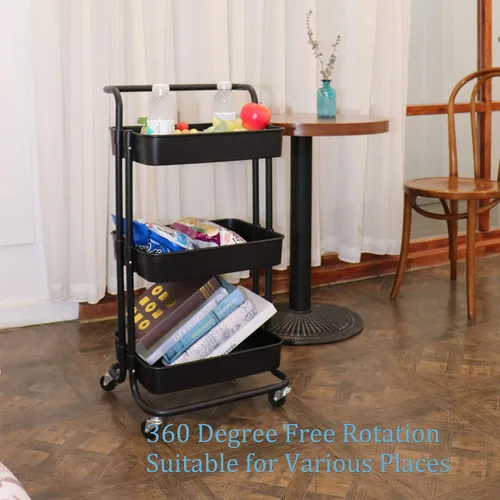 Miniatura 4 de Carrito utilitario de 3 niveles con ruedas multifuncional, organizador de estante con asa y ruedas bloqueables para el hogar, cocina, baño, Negro