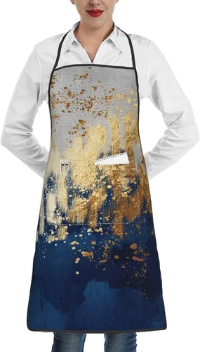 Delantales con pechera para mujeres y hombres, delantales de cocina con bolsillos para cocina, barbacoa, hornear, asar a la parrilla Azul-Dorado