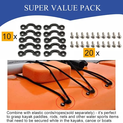 Miniatura 7 de Kit de 10 trabillas para kayak, kit de aparejo de cubierta de bucles de amarre para kayak, ojo de nailon y tornillos de acero inoxidable para canoa