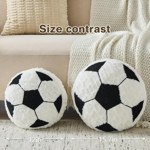 Miniatura 2 de Cojín redondo de fútbol de fútbol, suave y esponjoso, almohada decorativa de felpa para decoración de habitación (negro, 12 pulgadas)