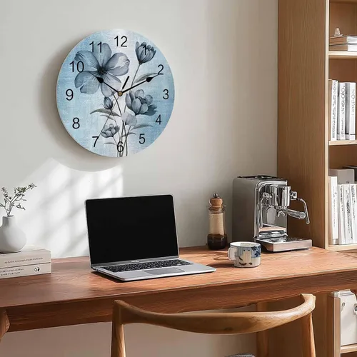 Miniatura 3 de Reloj de pared de flores azules, 10 pulgadas, silencioso, sin tictac, estilo retro, funciona con pilas, elegante reloj floral degradado