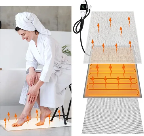 Glooglitter Almohadilla térmica para alfombras de baño, temperatura ajustable (86-141 ℉) y tiempo (1-12 horas), tapete térmico impermeable con