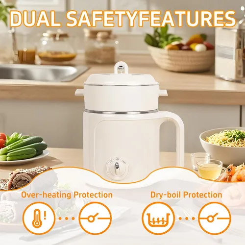 Miniatura 5 de Olla Eléctrica Caliente con Vaporera: Cocedor de Ramen de 2.0L, Olla Eléctrica Multifuncional de Acero Inoxidable, Portátil, Ajuste de Potencia Dual