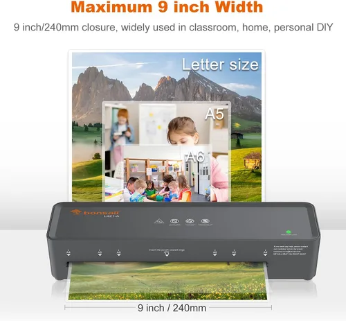 Miniatura 4 de Bonsaii Máquina laminadora térmica de 9 pulgadas con 5 bolsas, máquina laminadora compacta para oficina en casa para documentos, fotos, carteles