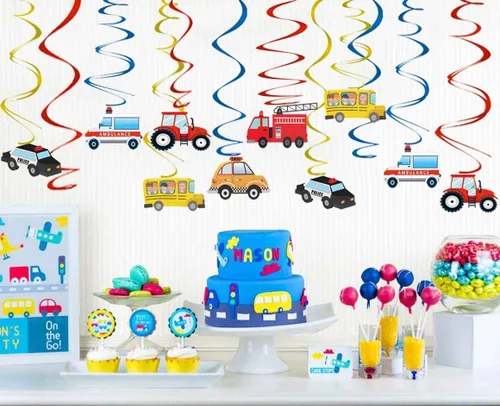 Miniatura 3 de Decoraciones de remolinos colgantes para fiestas de transporte, 30 unidades, con temática de autos, guirnalda de pancarta de feliz cumpleaños