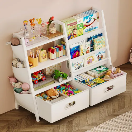 Homeiju - Estantería para niños y organizador de almacenamiento de juguetes, estantería de 3 niveles para niños, estantería con bandeja y 2