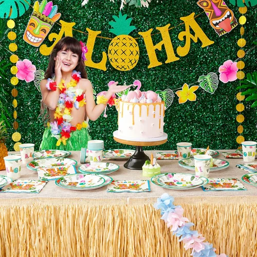 Miniatura 7 de WERNNSAI Pancarta hawaiana de Aloha para fiestas, flamenco, piña, tiki, tropical, Luau, suministros de fiesta, recuerdos, grande, dorado, brillante