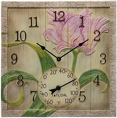 Miniatura 9 de Taylor Reloj y termómetro de poliresina de hibisco rosa para interiores y exteriores, decoración del hogar para jardín, patio, piscina y áreas