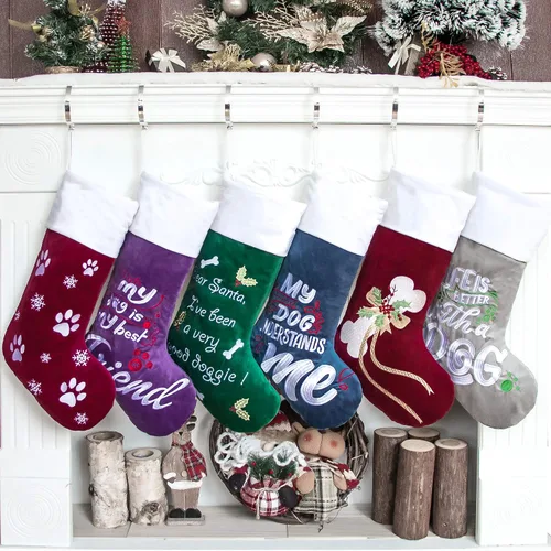 Miniatura 3 de GEX Medias de Navidad para perro, gato o mascota, de 22 pulgadas, forro acolchado grande, bordado, de lujo, encantador, terciopelo, adornos