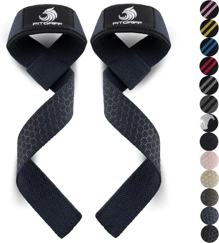 Miniatura 9 de Fitgriff® Correas de muñeca para levantamiento de pesas, gimnasio, peso muerto, entrenamiento (hechas de algodón premium y acolchadas) - Hombres