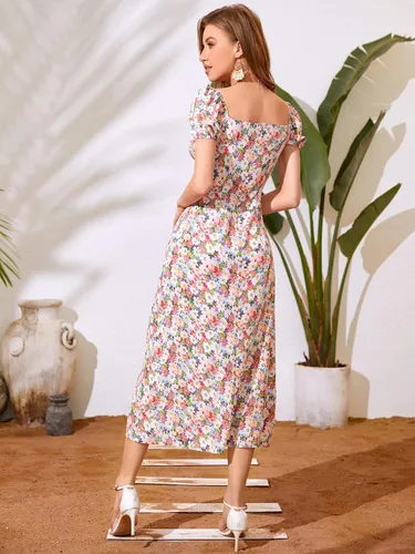 Miniatura 2 de WDIRARA Vestido de mujer con estampado floral, manga abombada, cuello cuadrado, lazo frontal dividido en el muslo