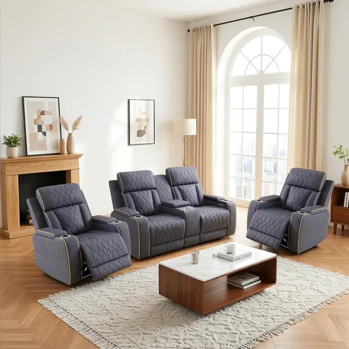 Miniatura 17 de Juego de 3 piezas para sala de estar, sofá reclinable eléctrico de cuero con puertos USB, iluminación LED y portavasos, asientos de cine en casa
