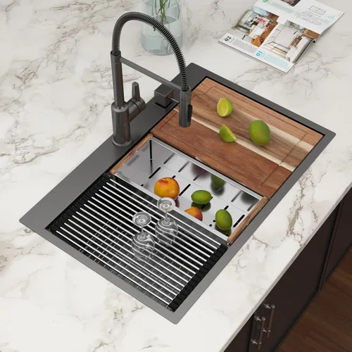 Miniatura 23 de Fregadero de cocina de 25 pulgadas, fregadero de un solo cuenco, color negro mate, calibre 18, 25 x 22 pulgadas, acero inoxidable, montaje superior