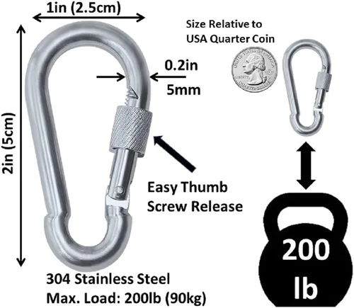 Miniatura 3 de Mosquetón de bloqueo de tornillo de pulgar de acero inoxidable resistente, ganchos de enlace de clip a presión. Carga de 200 a 400 libras. 6