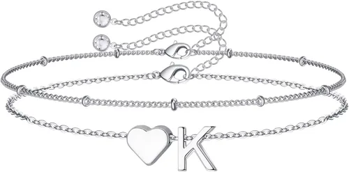 Miniatura 12 de M MOOHAM Pulseras de oro con inicial de corazón para mujer, pulseras con dije de letra A-Z de corazón dorado en capas para mujer, pulseras