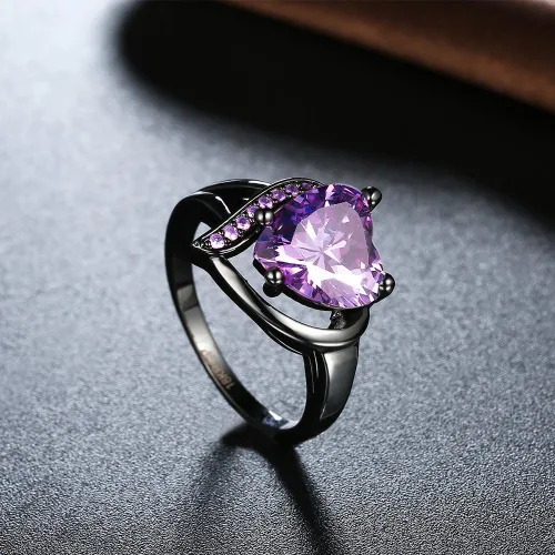 Miniatura 5 de QOBEBOTA Anillo romántico de compromiso chapado en oro de 18 quilates, anillos de eternidad con incrustaciones de corazón rojo, circonita cúbica