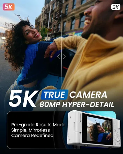 Miniatura 2 de Cámara digital True 5K para fotografía, enfoque automático de 80 megapíxeles con zoom digital 18X, pantalla giratoria de 3" 270°, cámara selfie
