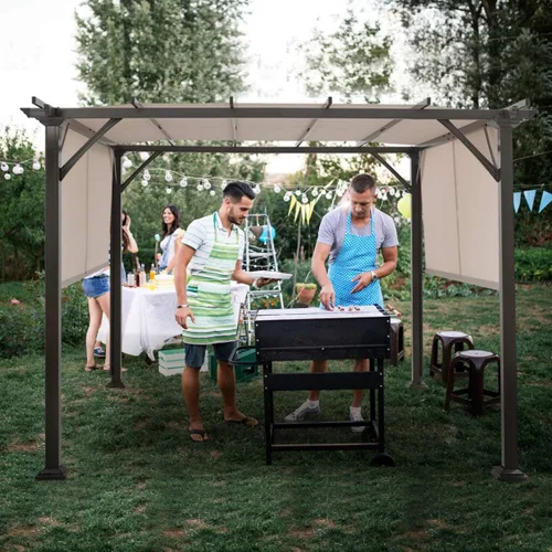 Miniatura 2 de Tangkula Estructura de sombra de patio al aire libre de 10 x 10 pies, pérgola de acero con persianas retráctiles, metal inoxidable para patio, patio