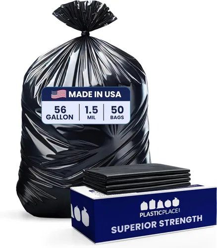 Plasticplace Bolsas de basura de 56 galones │ 1.5 mil │ Revestimientos negros para botes de basura, se adaptan a cubos de basura Glotton │ 43 x 46