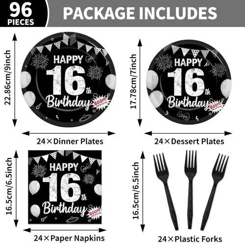 Miniatura 2 de Juego de 96 piezas de platos de papel, servilletas y tenedores para fiesta de cumpleaños número 16 para fiesta negra de dulces 16 años, platos