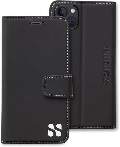 Miniatura 54 de SafeSleeve Funda de piel tipo cartera desmontable para iPhone 14 con bloqueador EMF para teléfono celular con 3 tarjeteros y soporte ajustable