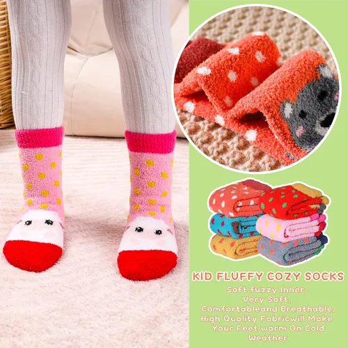 Miniatura 5 de 6 pares de calcetines antideslizantes para bebés y niñas, calcetines cálidos con agarres para niños pequeños, de lana gruesa y suave, para invierno