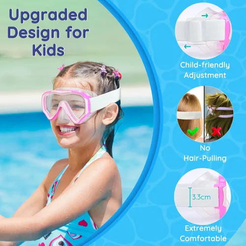 Miniatura 3 de MOMUSE Gafas de natación para niños con correa de tela suave, máscara de buceo con cubierta de nariz 3D sin fugas, lente antivaho e inastillable