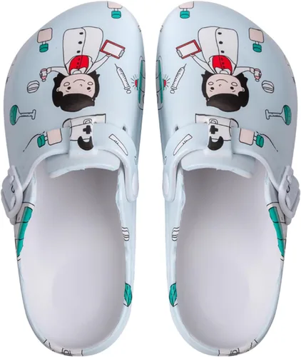 Miniatura 16 de Zuecos de jardín para mujer, zapatos cómodos de EVA sin cordones, bonitos zuecos impermeables impresos para enfermeras, hogar, exteriores, cocina