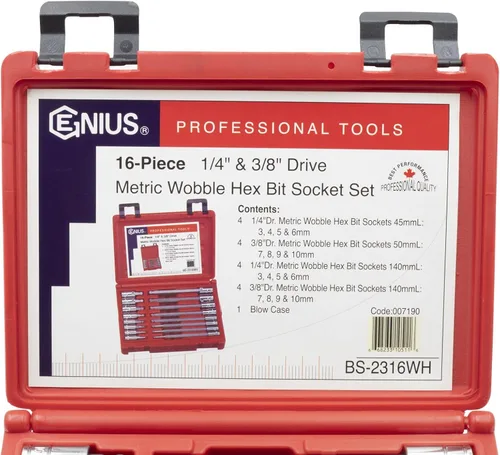 Miniatura 6 de Genius Tools Juego de dados hexagonales de 16 piezas de 1/4" y 3/8" Dr. Metric Wobble BS-2316WH