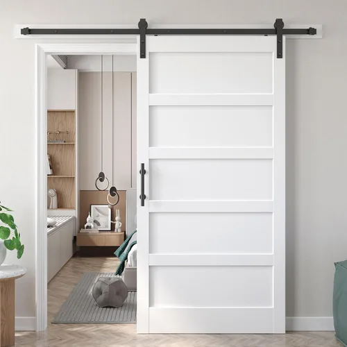 Miniatura 40 de Fredbeck Puerta de granero blanca de 30 x 84 pulgadas con kit de herrajes para puerta corredera de 5.5 pies incluido y asa, sólida, MDF, superficie
