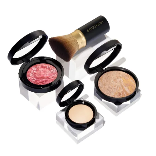 LAURA GELLER NEW YORK Kit de Rutina Diaria (4 PC): Base Baked Balance-n-Brighten, Medium + Brocha Kabuki Retráctil + Blush-N-Brighten, Tropic Hues +