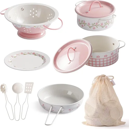 Miniatura 10 de ROBUD Juego de Ollas y Sartenes para Niños, Accesorios de Cocina para Jugar, Ollas y Sartenes de Metal en Crema Azul, Juego de Cocina para Niños