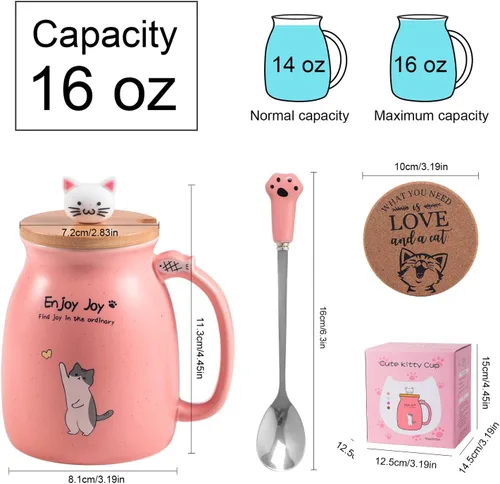 Miniatura 3 de Taza de café de cerámica con tapa de madera de gato Kawaii, encantadora cuchara de acero inoxidable, posavasos de madera gruesa de anime, taza Rosa