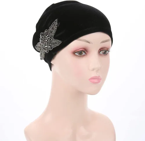 Miniatura 7 de YiYi Operation Gorro de terciopelo elástico para mujer, gorro de quimioterapia con cuentas de flores para el cabello