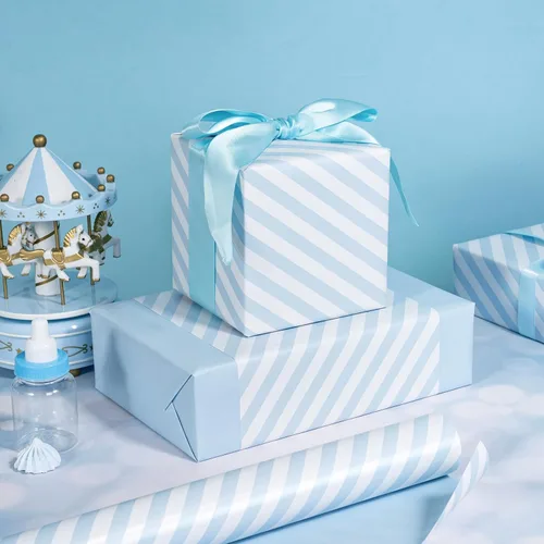 Miniatura 3 de WRAPAHOLIC Papel de regalo reversible azul bebé de 30 pulgadas, papel de regalo azul bebé y rayas para cumpleaños, vacaciones, bodas, baby shower