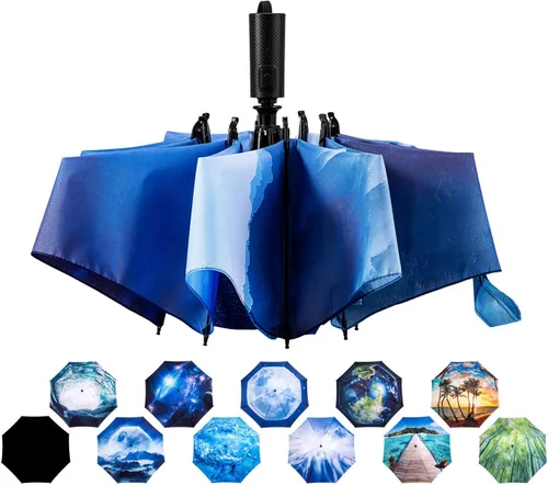 Miniatura 120 de LANBRELLA Paraguas plegable inverso compacto paraguas de viaje a prueba de viento automático
