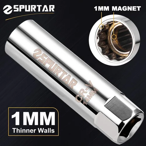 Miniatura 2 de Spurtar Enchufe de bujía de 0.55 pulgadas (0.551 in) de pared delgada magnética - Diseño de 12 puntos compatible con BMW, Mercedes, Nissan, Mini