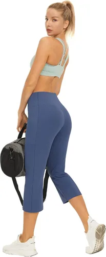 Miniatura 5 de AFITNE Pantalones de yoga capri de longitud completa para mujer, con bolsillos, cintura alta, acampanados, para entrenamiento, pantalones de trabajo