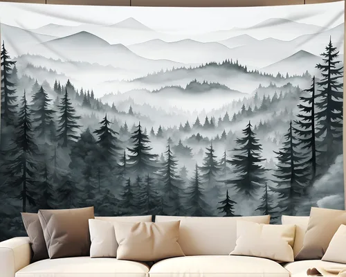 Miniatura 14 de QGHOT Tapiz de bosque brumoso, tapiz de montaña natural para colgar en la pared, paisaje de acuarela verde salvia, arte de pared para dormitorio