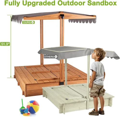 Miniatura 4 de GUTINNEEN Caja de arena de madera con toldo ajustable, caja de arena para niños al aire libre con bancos plegables, forro de arena, techo retráctil