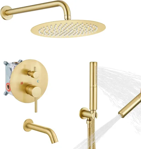 Miniatura 14 de Airuida Sistema de ducha con boquilla de bañera, cabezal de ducha redondo de 10 pulgadas con 2 funciones, ducha de mano, montaje en pared, juego