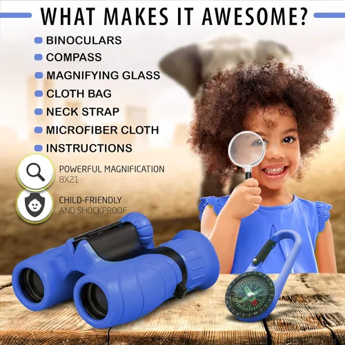 Miniatura 3 de Binoculares para niños – Juguete perfecto para niños pequeños y niñas – Juego extenso que incluye lupa y brújula – Potente aumento 8 x 21 – niños